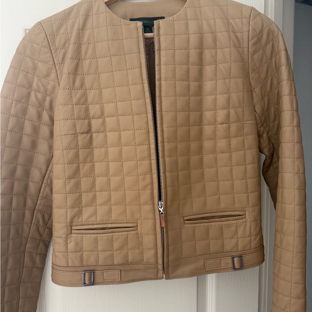 Siena Studio Quilted Tan Leather Jacket - Collarless Zip Front